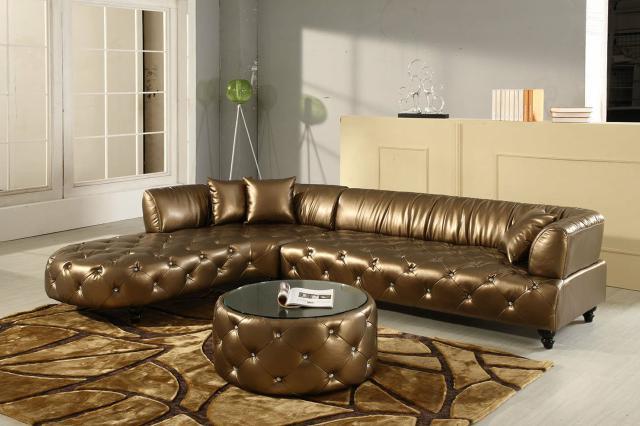 Chesterfield Luxurious Corner Sofa L-Shape Golden Gloss Leather Living Room Couch