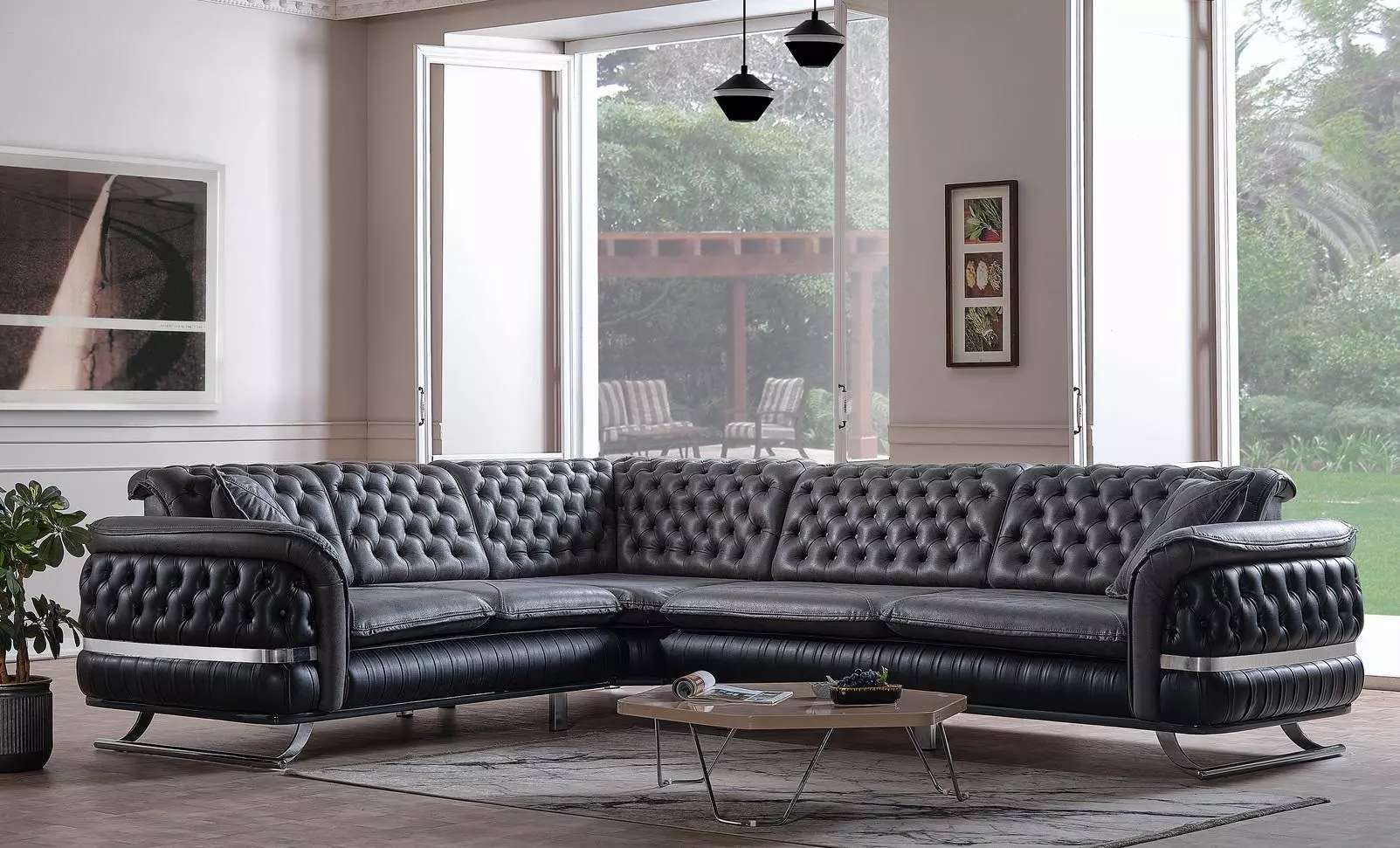 Corner Sofa Living Landscape Color Black L Shape XXL Sofa New Chesterfield