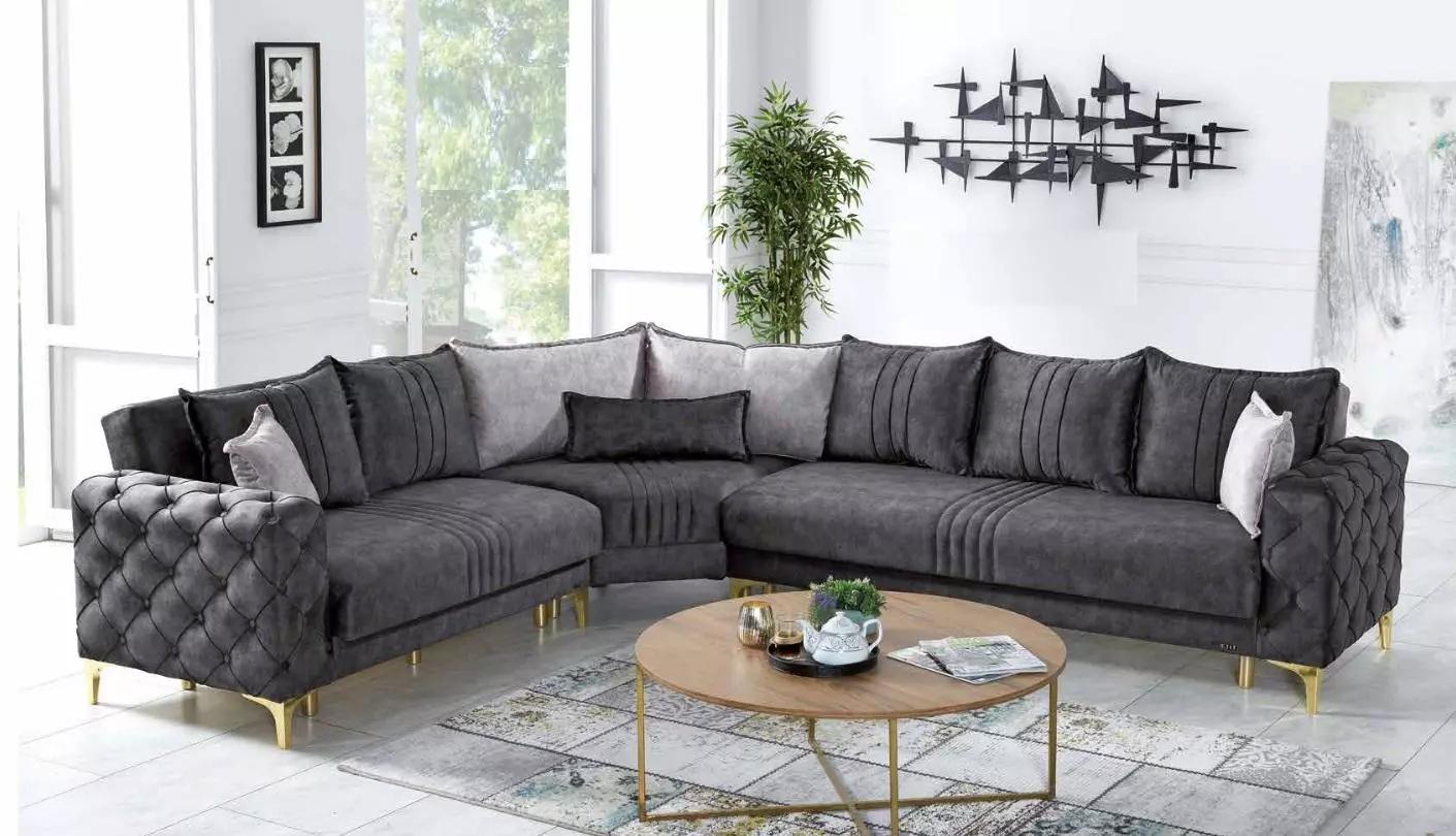 Gray Living Room Corner Sofa L Shape Modern Chesterfield Luxury Sofa