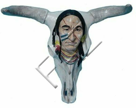 Wall decor figure designed as a white bull skull head with red indian picture 55cm