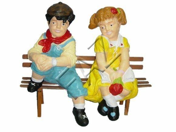 Gloss decor figure designed as a boy & girl sitting on a wooden bench 77x70cm