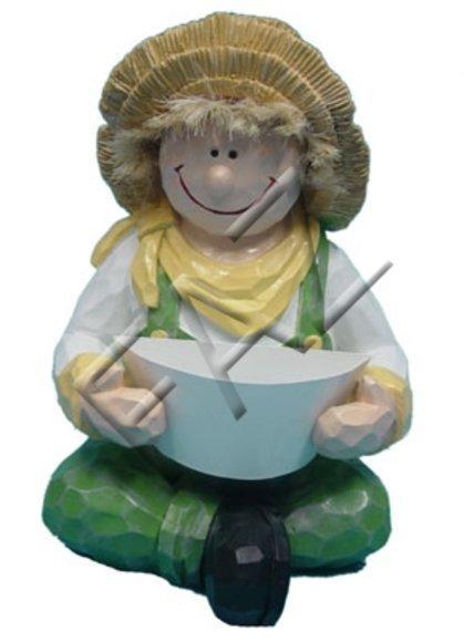 Deco flower vase designed as a happy boy sitting with a bowl dressed in a green pants 41cm