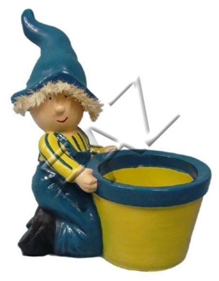 Deco figure designed as an yellow blue colored boy with a flower pot bowl 48x37cm