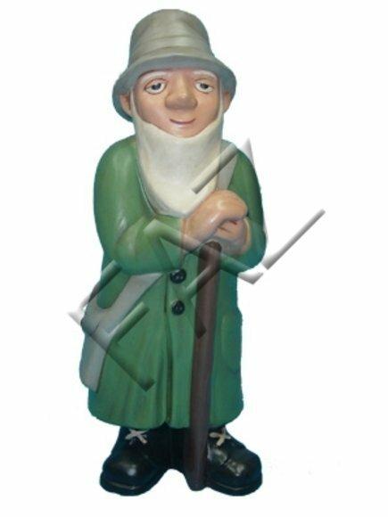 Cartoon decorative sculpture designed as shepherd in a green raincoat with a cane 50cm