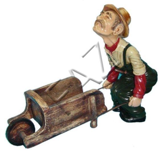 Deco gloss figure designed as an old gardener carrying a wheelbarrow 57x80cm