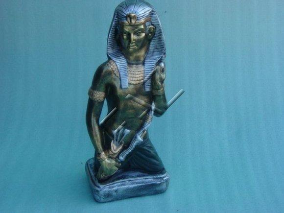 Ancient egyptian deco figure of a bronze blue colored sitting pharaoh 48cm