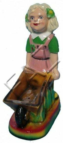 Decor colorful figure designed as girl carrying a wooden square wheelbarrow 47x35cm