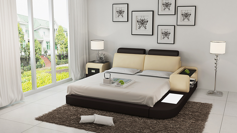 Modern style designer marriage double bed made of real wooden frame leather upholstered model LB8804