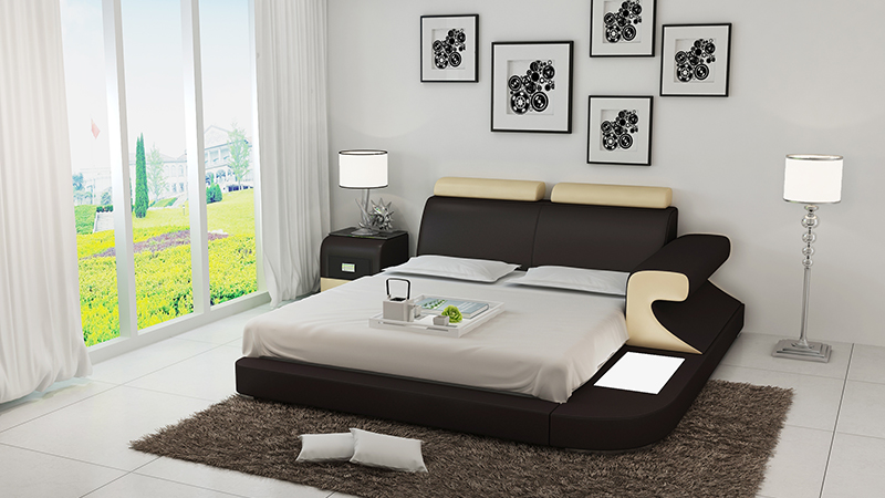 Modern style designer marriage double bed made of real wooden frame leather upholstered model LB8809