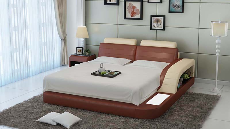 Multifunctional modern style designer marriage double bed made of real wooden frame leather upholstered model LB8814