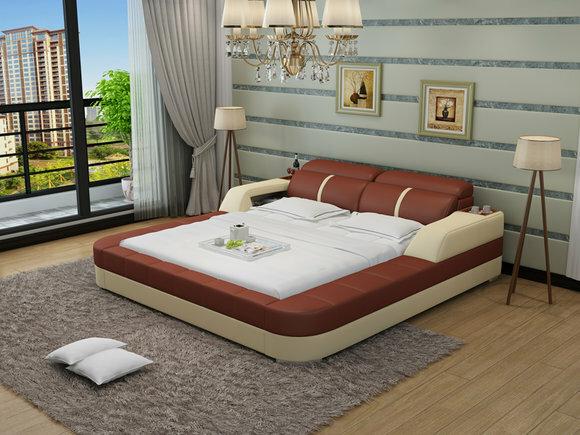 Multifunctional modern style designer marriage double bed made of real wooden frame leather upholstered model LB8823