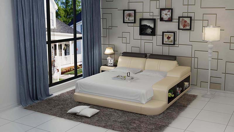 Modern style designer marriage double bed made of real wooden frame leather upholstered model LB8810