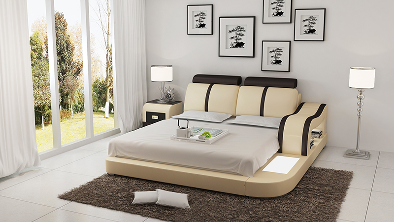 Modern style designer marriage double bed made of real wooden frame leather upholstered model LB8811