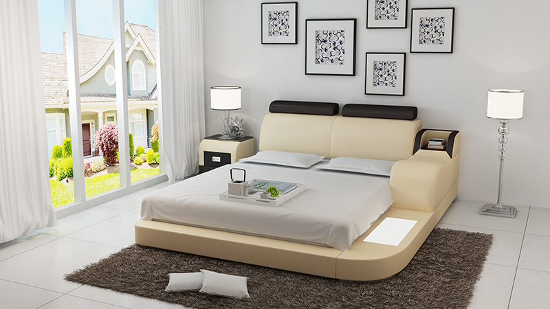 Modern style designer marriage double bed made of real wooden frame leather upholstered model LB8813