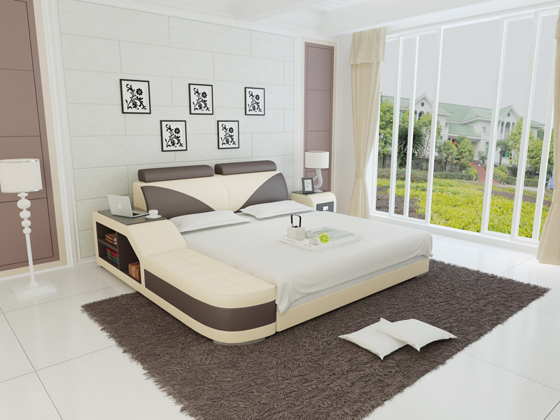 Multifunctional modern style designer marriage double bed made of real wooden frame leather upholstered model LB8817