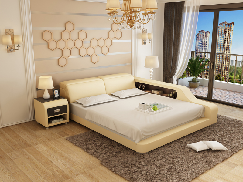 Multifunctional modern style designer marriage double bed made of real wooden frame leather upholstered model LB8818
