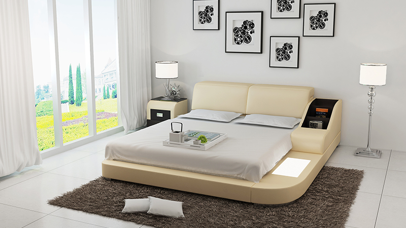 Multifunctional modern style designer marriage double bed made of real wooden frame leather upholstered model LB8815