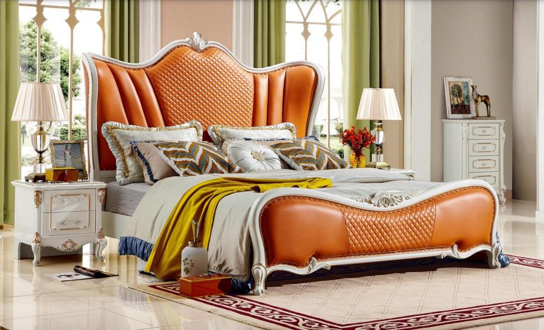 Bed Classic Bedroom Chesterfield Orange 2x Bedside Table 3pcs Wood