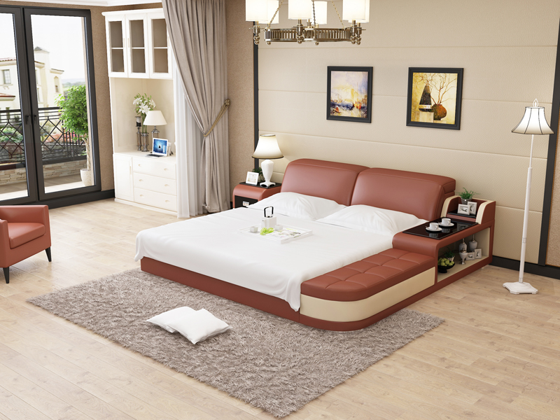 Multifunctional modern style designer marriage double bed made of real wooden frame leather upholstered model LB8820