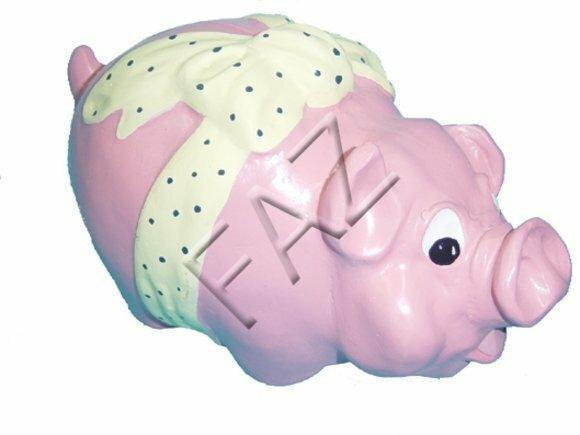 Decorative sculpture designed as gloss pink colored pig with a bow 16x28cm c105