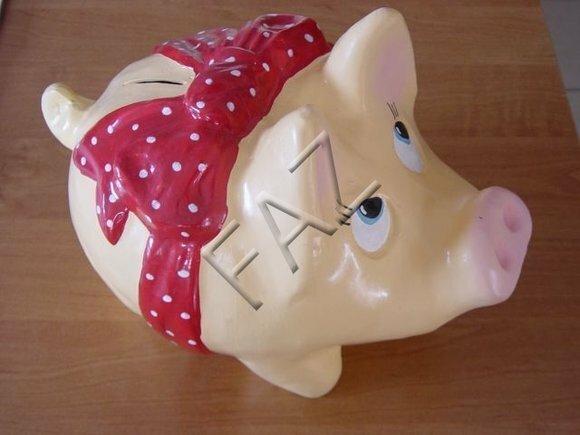 Decorative piggy bank in light pink colored with a red bow 24cm height c106