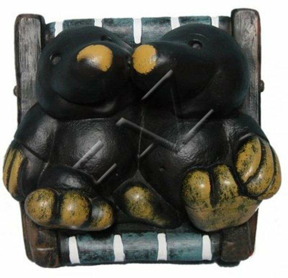 Black gold colored two matte moles on a bench decorative garden sculpture 26x30cm