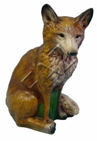 Decorative sculpture designed as sitting gloss orange colored motley sitting fox 48cm height