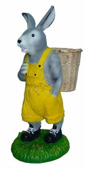 Grey rabbit with a basket in yellow overalls decorative sculpture 105cm height C222