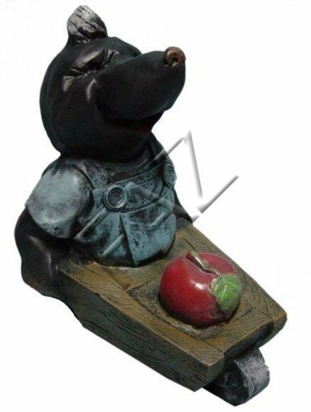 Mole miner decorative sculpture with a cherry on a wheelbarrow black colored 30x35cm c240