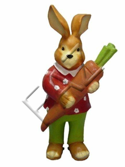 Orange colored rabbit with a carrot in red jacket & green pants decorative sculpture 86cm height C253