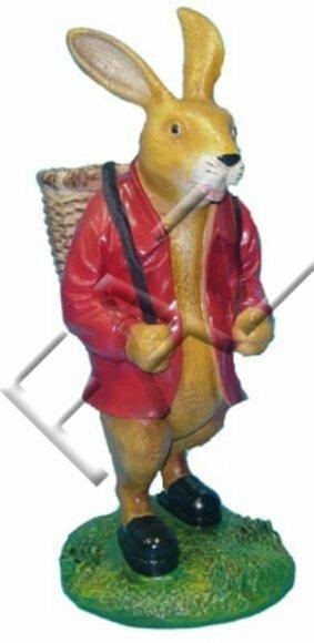 Orange colored rabbit sculpture in red jacket with a basket 77cm height C254