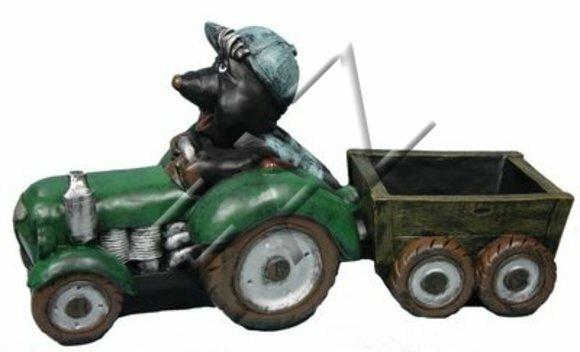 Decorative figure of black mole miner on a tractor carrying a trolley 52x106cm C258