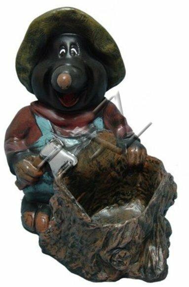 Decorative sculpture designed as black happy mole with an axe & stump 47cm height