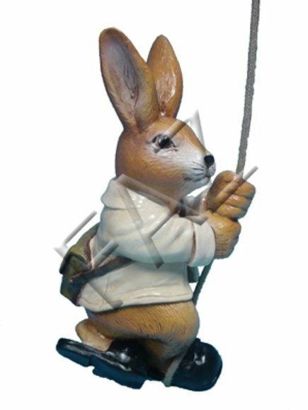 Light brown colored bunny in white shirt on a rope decorative sculpture 38cm height