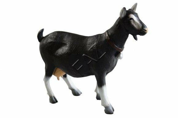 Gloss black colored decorative standing sculpture designed as goat with a ring