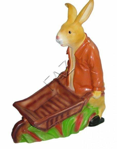 Yellow colored decorative rabbit in orange shirt with a wheelbarrow 74cm height c335