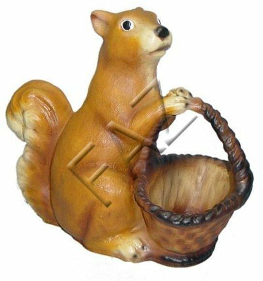 Decorative sculpture designed as motley light brown colored gloss squirrel with a basket 41cm height