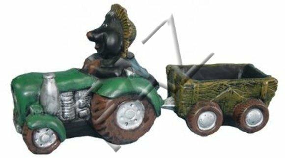 Decorative sculpture designed as mole gardener on a tractor carrying a trolley 44x85cm