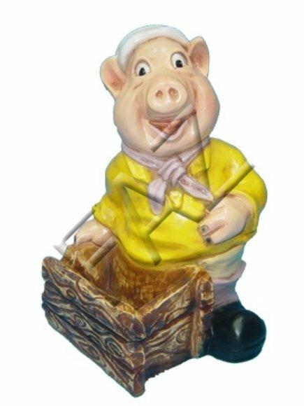 Decorative sculpture designed as light pink pig with a wooden box 48cm height c360