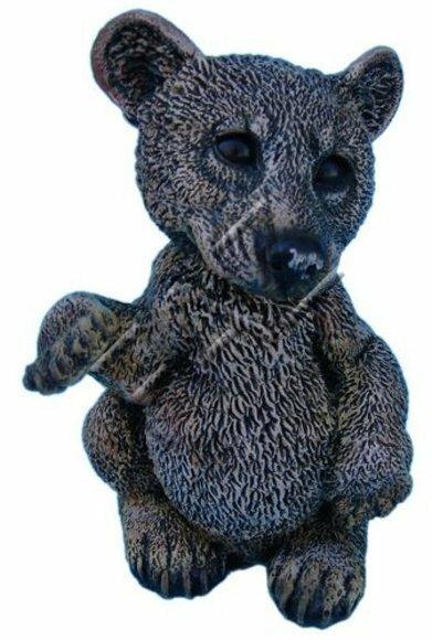 Original motley grey colored sitting bear cub with black eyes & raised up paw 28cm height