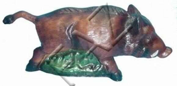 Decorative sculpture designed as dark brown colored motley wild boar with on a grass 21x52cm