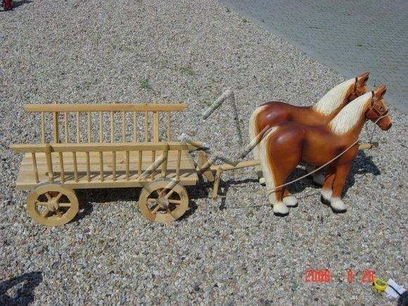 Decorative figure of 2-horses with wooden carriage statue 200cm length