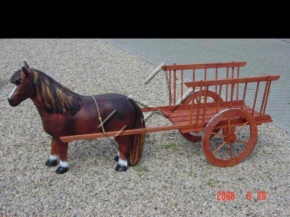 Decorative sculpture designed as a horse with wooden carriage figure 240cm length