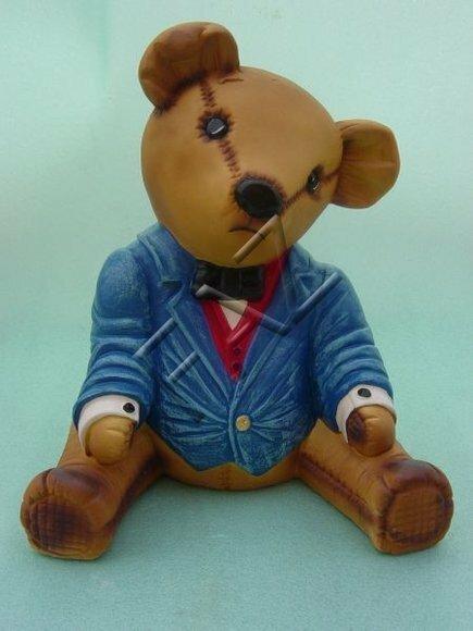 Brown knitted bear in blue suit decorative sculpture 25x32 cm c422