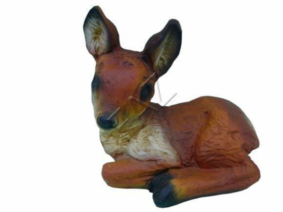 Decorative sculpture designed as an original colored motley brown beige colored resting fawn 21x21cm