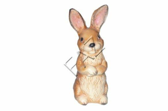 Decorative sculpture designed as gloss motley beige colored rabbit c519