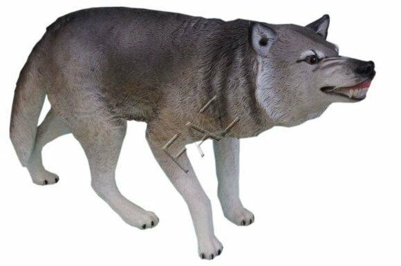 Decorative sculpture designed as motley grey colored angry wolf 126cm length B570