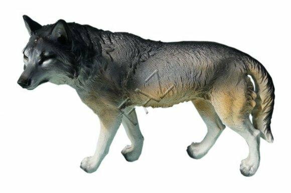 Decorative sculpture designed as motley dark grey colored walking wolf 60cm length c573