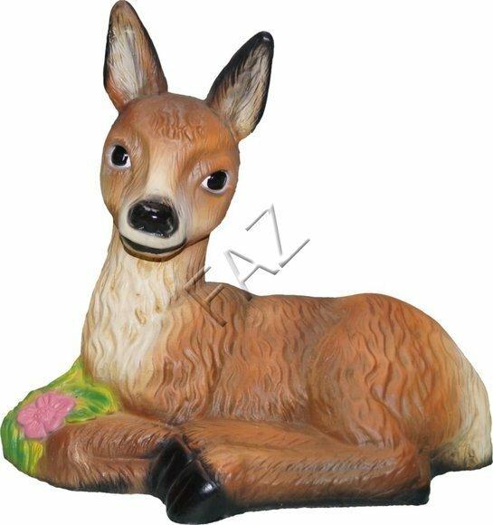 Decorative sculpture designed as motley light brown colored lying fawn with a flower 41x44cm