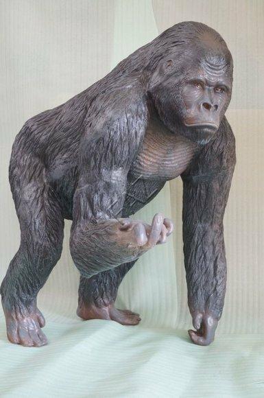 Decorative garden sculpture designed as a dark brown colored gorilla with a middle finger 35x23cm